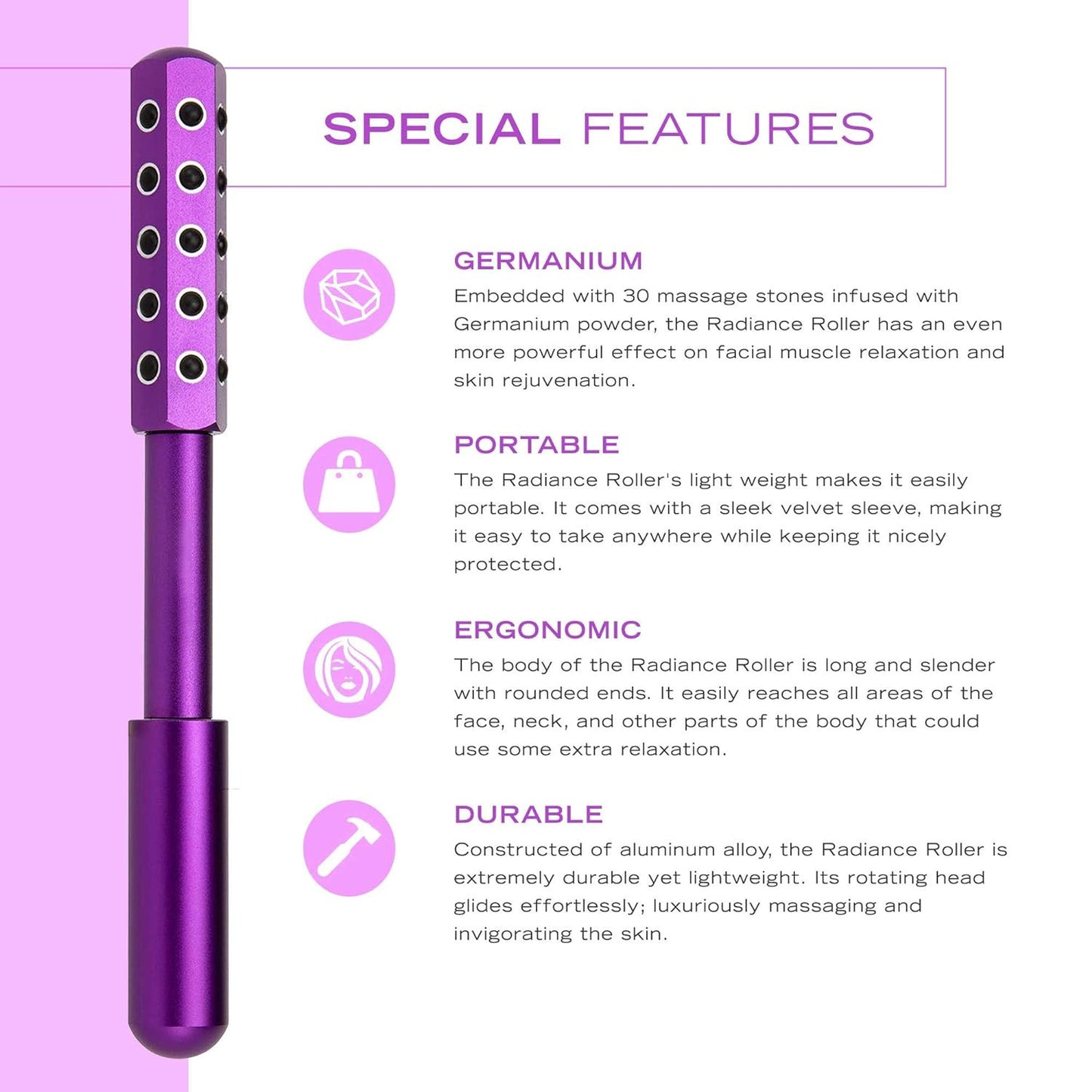 Silver Germanium Stone Facial Roller - Uplifting & Sculpting Beauty Massager for Face and Body