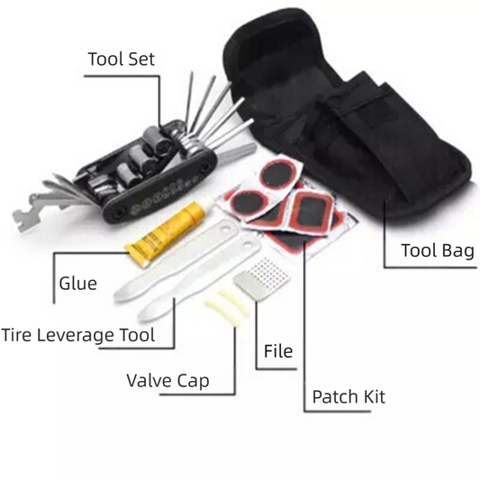 16-in-1 bicycle repair tool kit - multi-tool, tire patch, tire lever & file