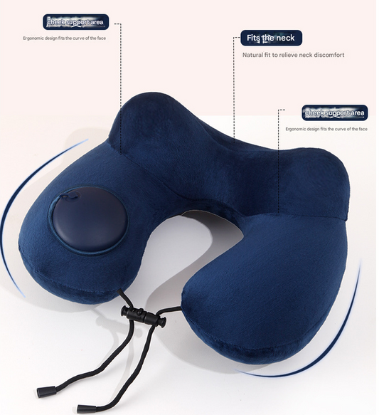 Pink Press-to-Inflate Travel Neck Pillow - Ergonomic U-Shaped Cushion for Airplane and Car